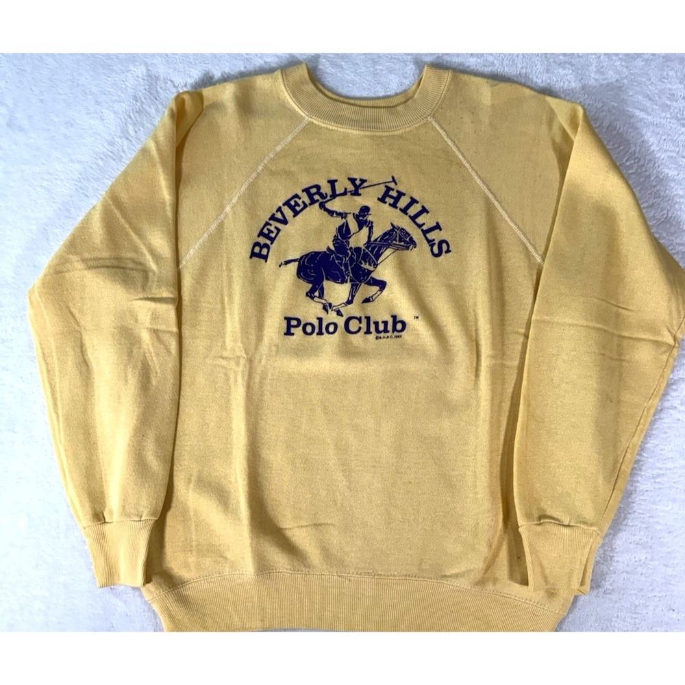 Vintage Unisex Size Large Beverly Hills Polo Club 1982 Yellow Purple Crewneck